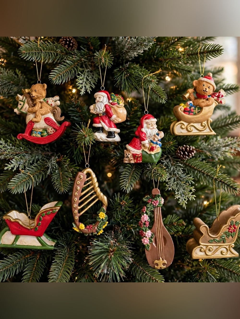 Set Of 8 Vintage resin Christmas Ornaments Santa Retro Holiday Festive Family